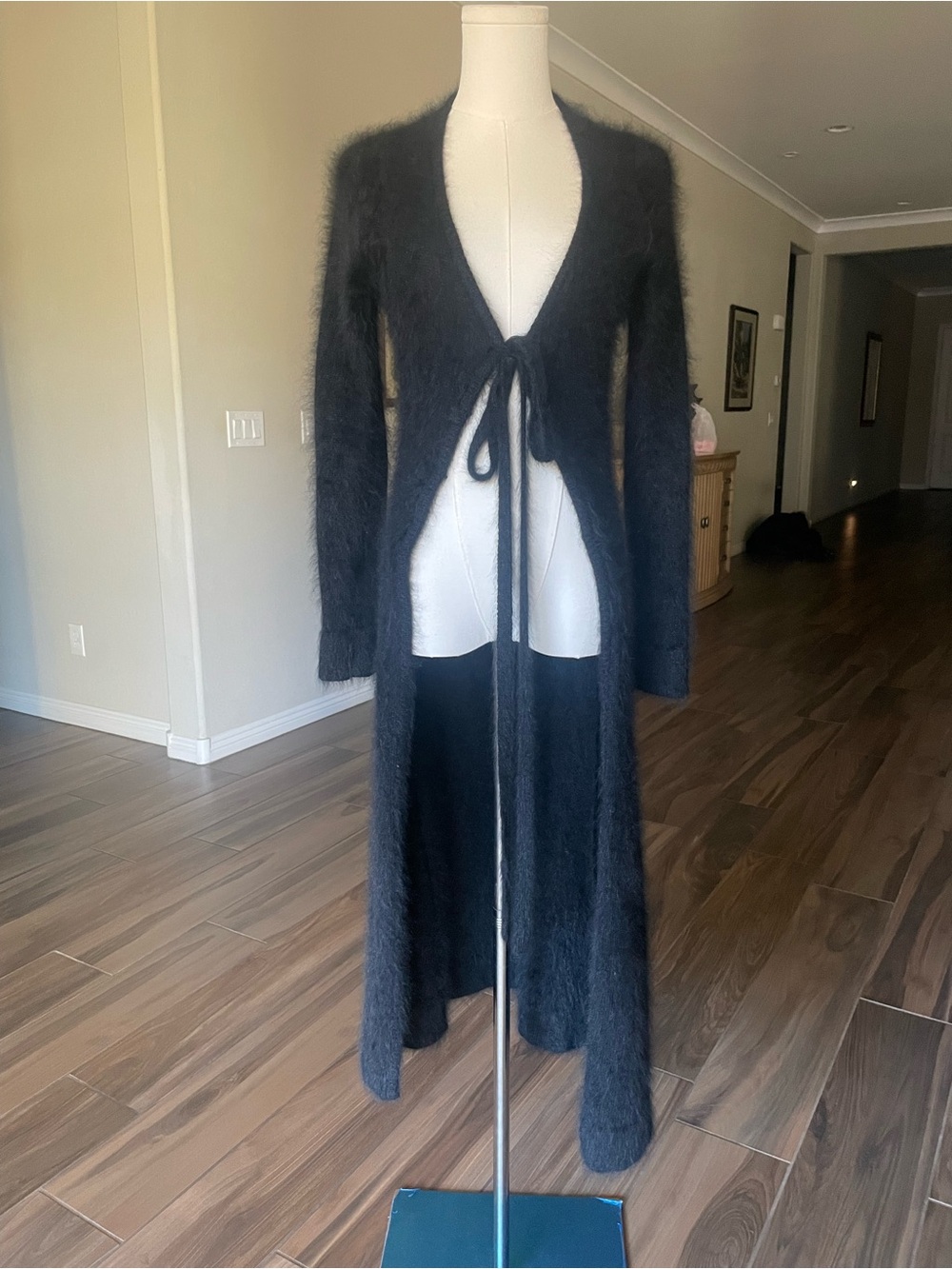 GUESS Collection Black Angora Rabbit Hair Tie-Front Maxi Duster Cardigan S